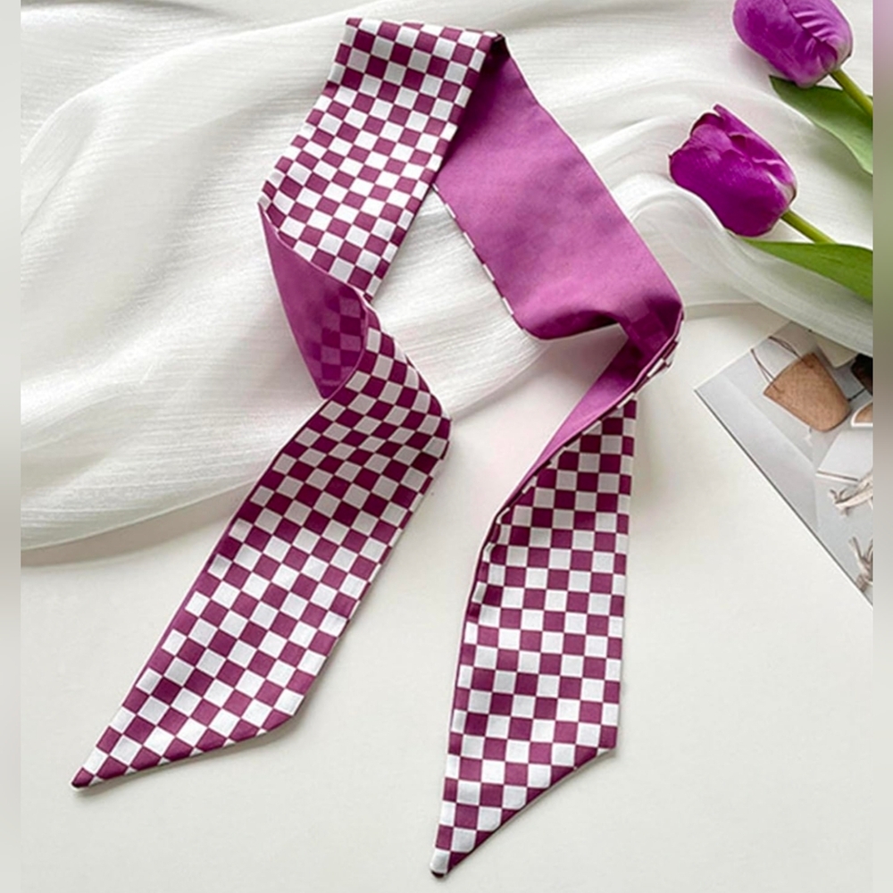 2× Bag Twilly Purse Skinny Scarf Purple Checkerboard